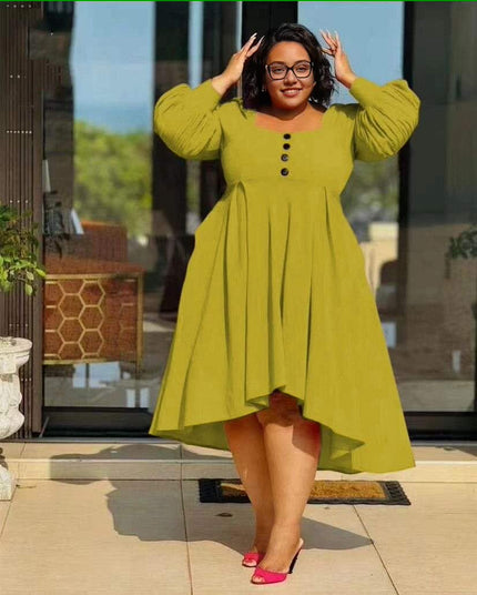 Yellow-green puff sleeve high-low dress with button front, short hem