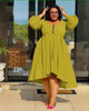 Yellow-green puff sleeve high-low dress with button front, short hem