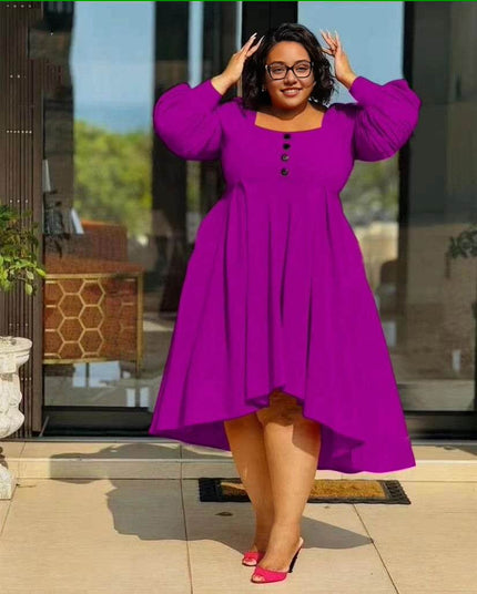 Purple puff sleeve high-low dress with button front, short hem