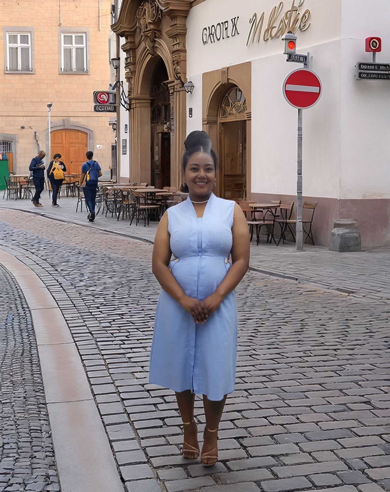 Light blue sleeveless midi utility dress with V-neck and button front