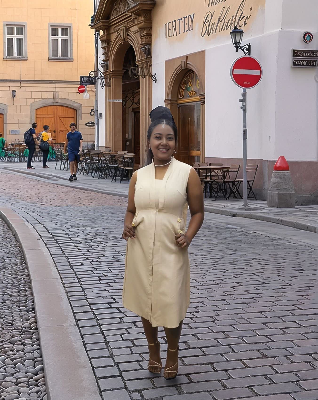 Light tan sleeveless midi utility dress with V-neck and button detail