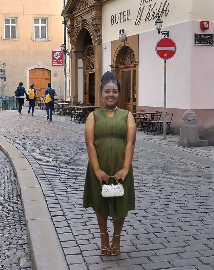 Sleeveless midi utility dress, olive green with waist tie and button-front bodice