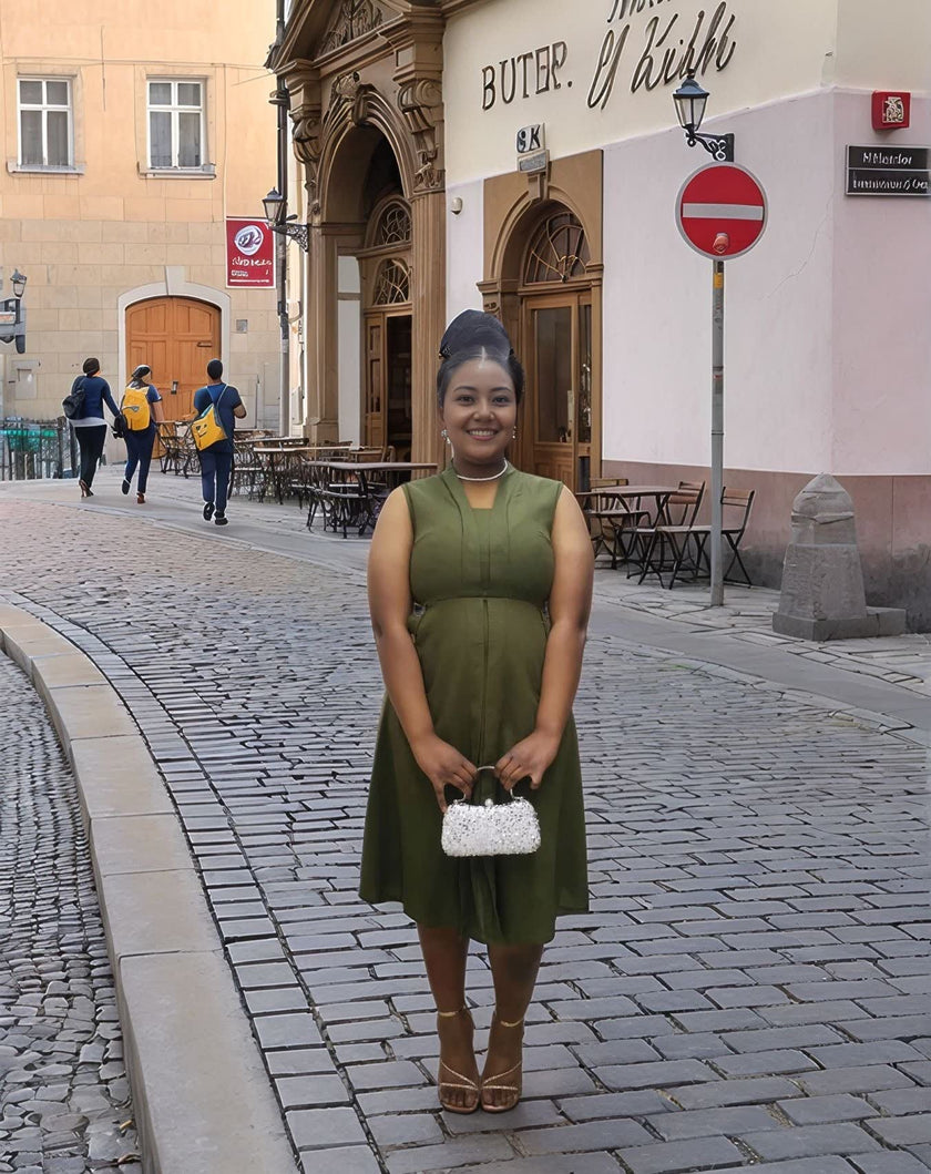 Army-green sleeveless midi utility dress with front pockets, gathered skirt and V-neck