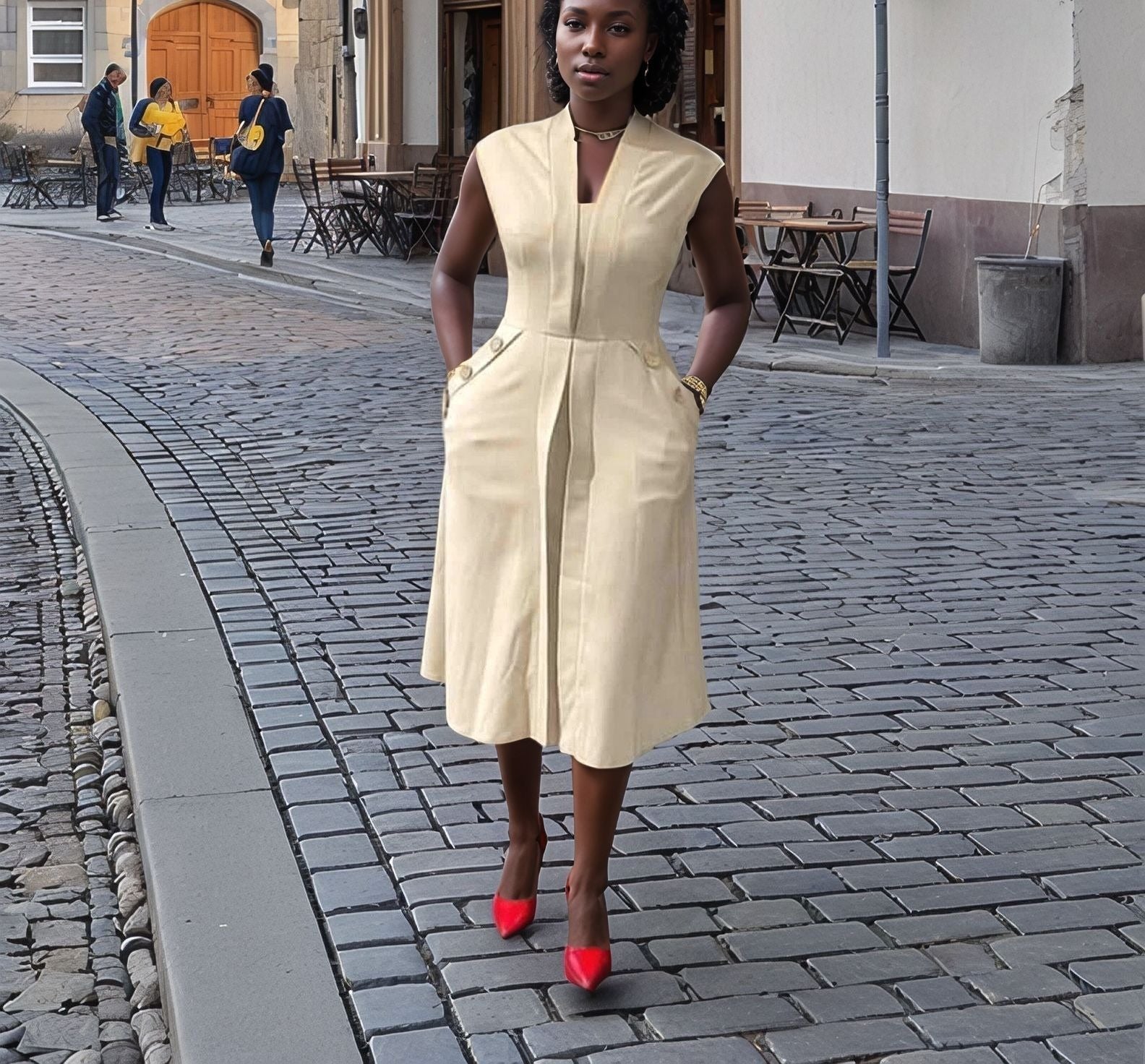 FashionPrice Midi Utility Dress - Sleeveless Pocket Style