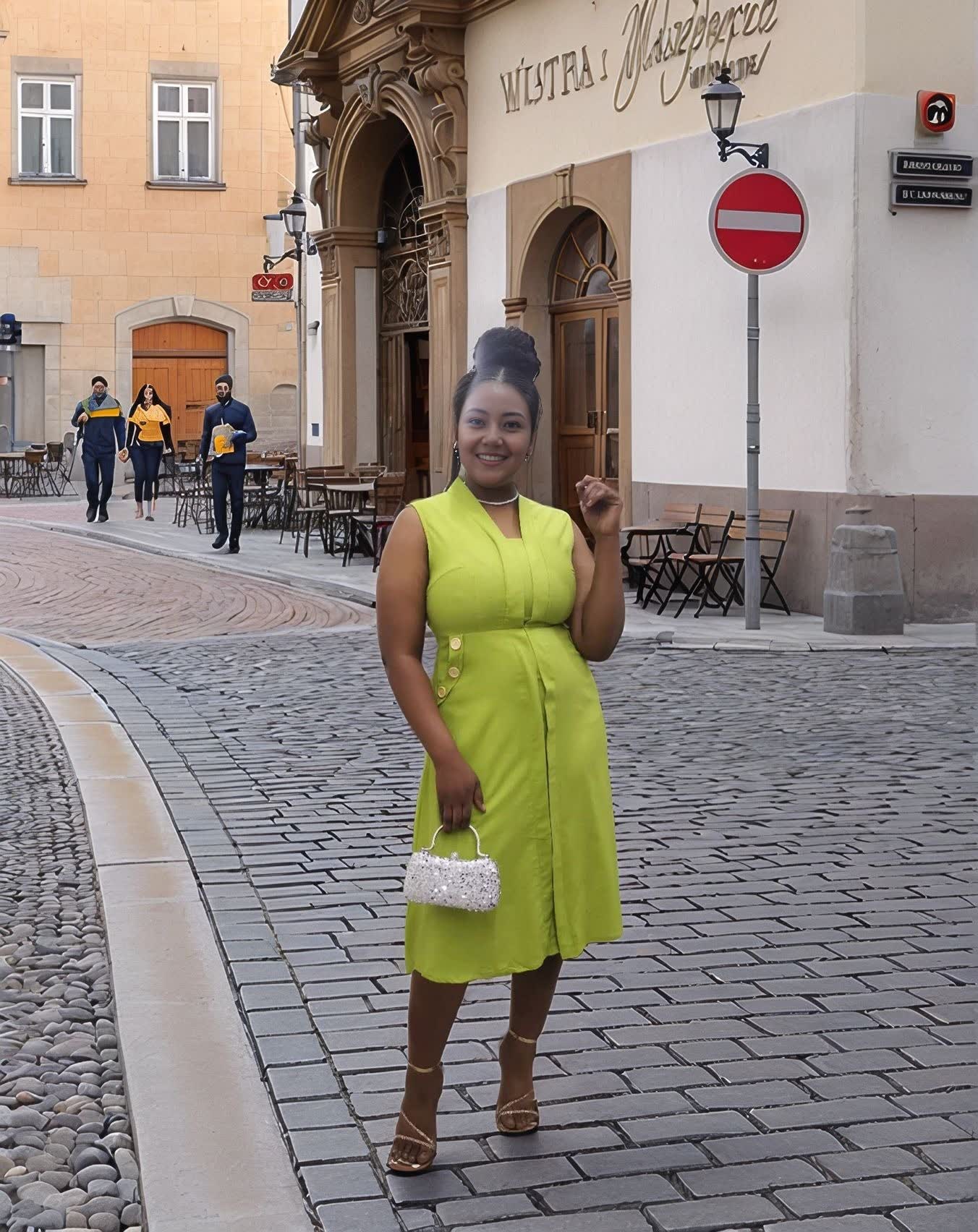 Neon yellow sleeveless midi utility dress with V-neck and front buttons