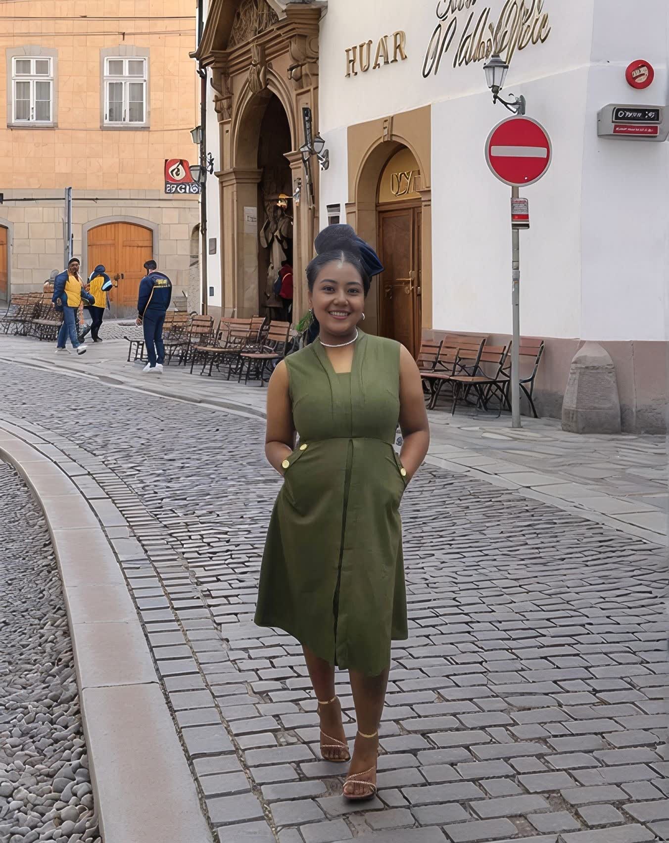 Army-green sleeveless midi utility dress with V-neck and front button placket
