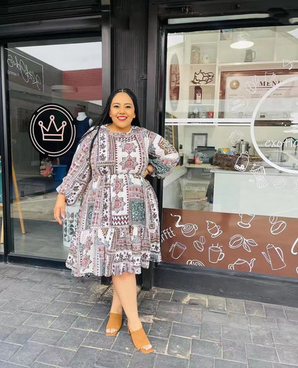 Patterned Knee-Length Dress Flared Skirt Elbow Sleeve