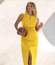 Yellow sleeveless midi dress with front slit, keyhole placket, and elastic waist
