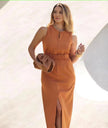 Rust brown sleeveless midi dress with front slit, keyhole placket, and elastic waist