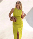 Lime green sleeveless midi dress with front slit, keyhole placket, and elastic waist