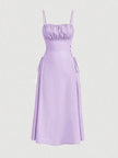 Lavender ruched midi dress with spaghetti straps and adjustable stretch waist