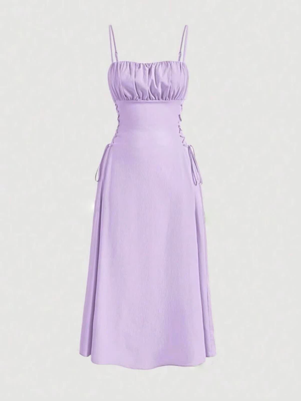 Lavender ruched midi dress with spaghetti straps and adjustable stretch waist