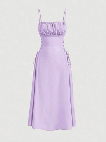 Lavender ruched midi dress with spaghetti straps and adjustable stretch waist
