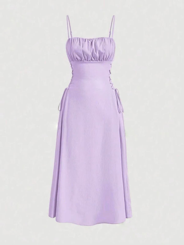 Lavender ruched midi dress with spaghetti straps and adjustable stretch waist