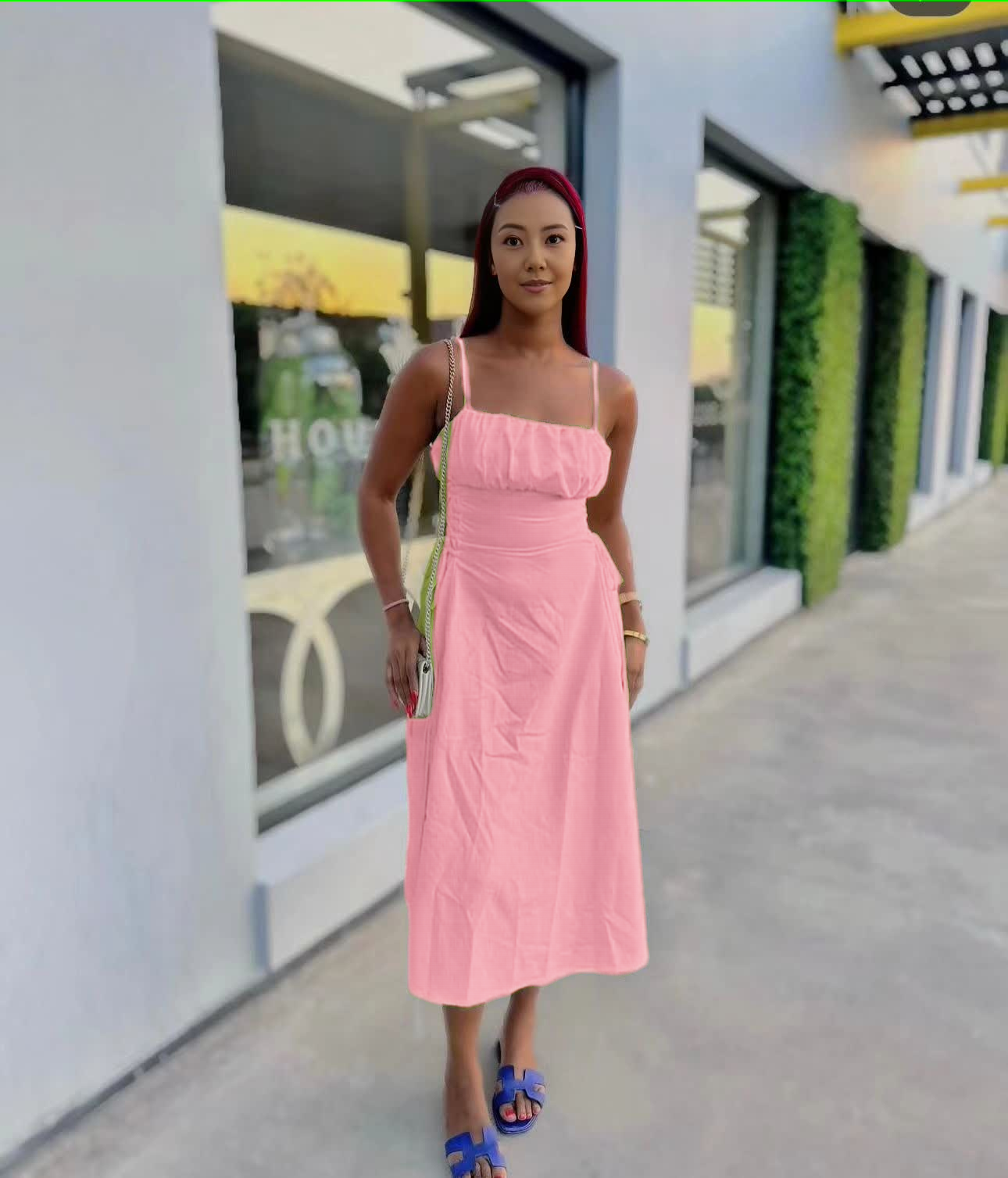 Pink ruched midi dress with spaghetti straps and adjustable stretch waist