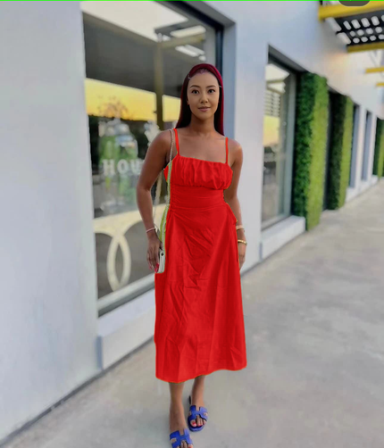 Red ruched midi dress with spaghetti straps and adjustable stretch waist