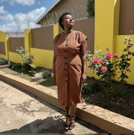 Rust-brown V-neck button-front midi dress with short puff sleeves