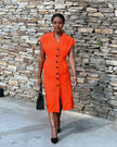 Orange V-neck button-front midi dress with short sleeves and front button row