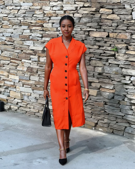 Orange V-neck button-front midi dress with short sleeves and front button row