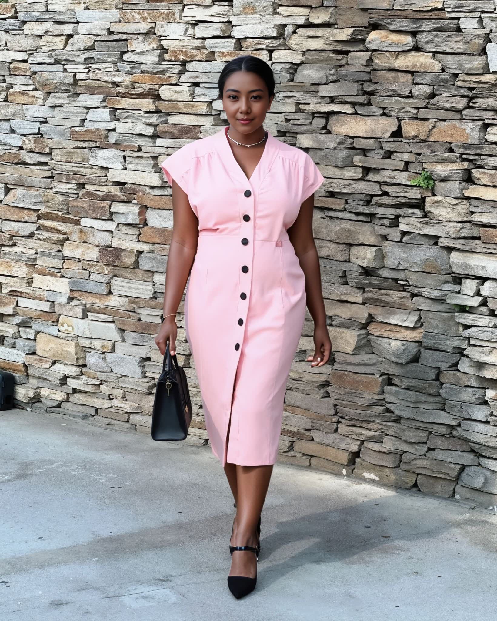 Light pink V-neck button-front midi dress with short sleeves and center button placket