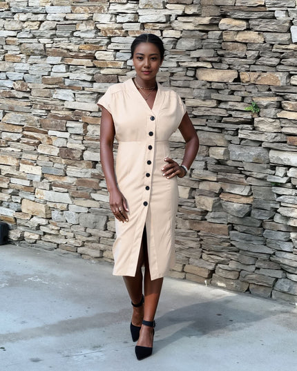 Cream V-neck button-front midi dress with short sleeves and dark button details