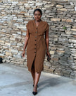 Coffee-brown V-neck button-front midi dress with short sleeves and center placket