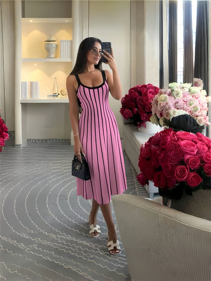 Knitted midi dress with pink base and black vertical stripes, scoop neckline, thin straps