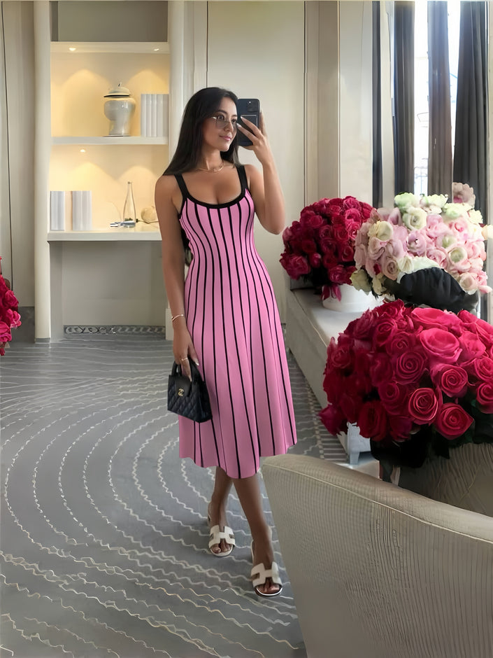 Knitted midi dress with pink base and black vertical stripes, scoop neckline, thin straps