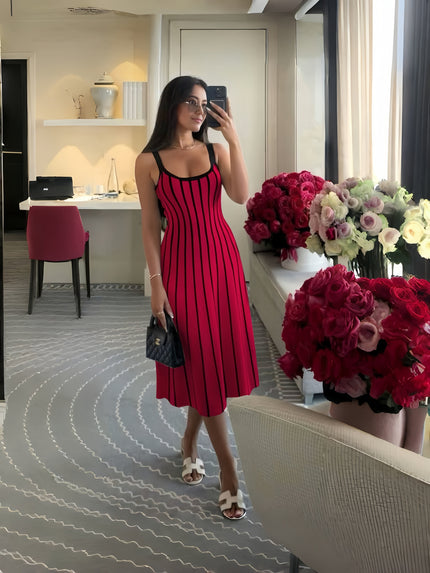 Knitted midi dress with red base and black vertical stripes, scoop neckline, thin straps