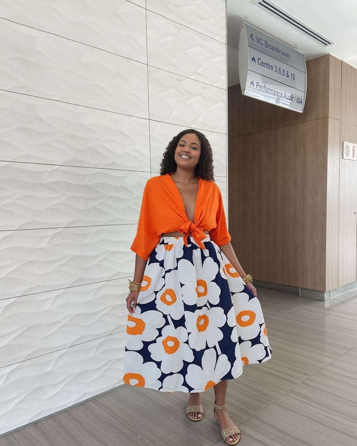 High-waist floral A-line midi skirt, orange and blue flower print