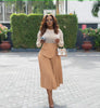 Burlywood pleated A-line midi skirt with stretch waist and layered front panel