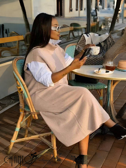 Sleeveless layered knit dress, loose fit, light beige; flowing midi skirt and drape