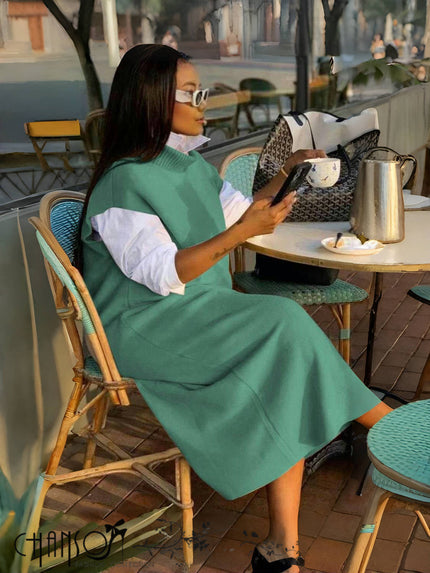 Layered knit dress, sleeveless loose fit in mint green; draped midi skirt silhouette
