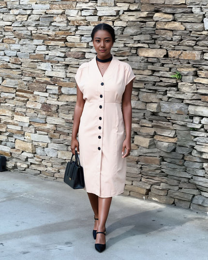 Beige V-neck button-front midi dress with short sleeves, straight skirt, side slit
