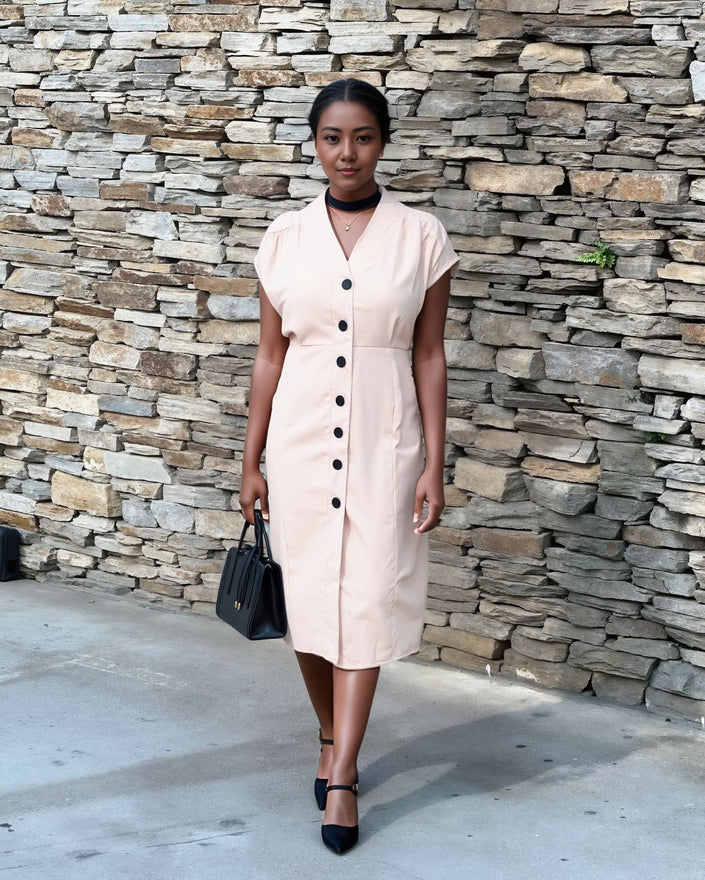 Beige V-neck button-front midi dress with short sleeves, straight skirt, side slit