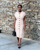 Beige V-neck button-front midi dress with short sleeves, straight skirt, side slit