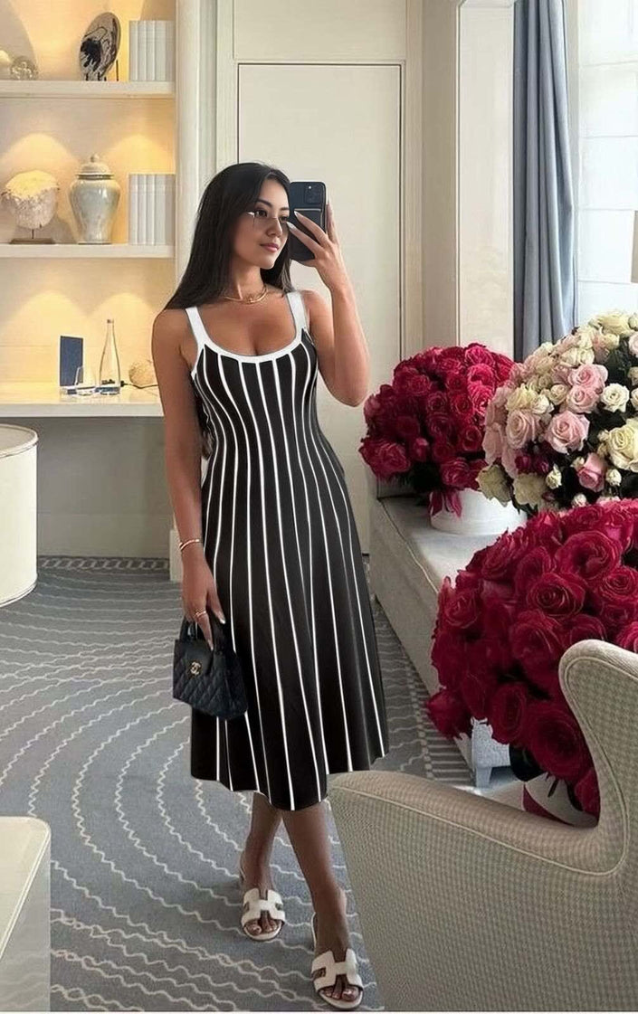 Knitted midi dress with black and white vertical stripes, scoop neckline and thin straps