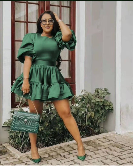 Dark green balloon-sleeve mini dress with tiered ruffle hem and round neck