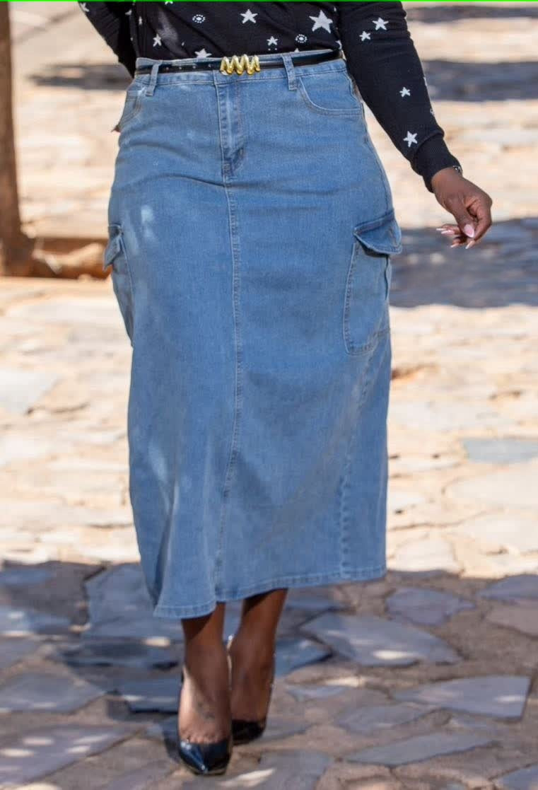 High-Waist Denim Midi Skirt with Side Pockets and Back Slit