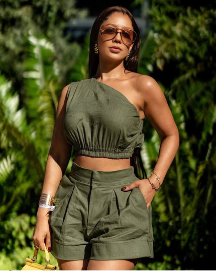 Army-green off-shoulder crop top and pleated high-waist shorts set