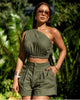 Army-green off-shoulder crop top and pleated high-waist shorts set