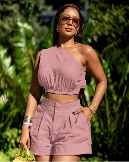 Peach off-shoulder crop top and pleated high-waist shorts set