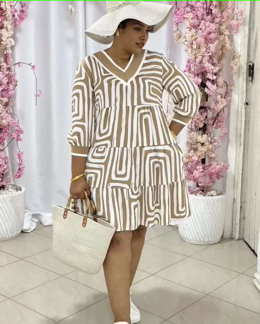 Women's Geometric Pattern V-Neck Tiered Dress with Long Sleeves