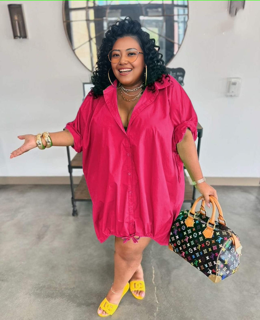 Long Loose Shirt Dress with Button Design and Drawstring Hem