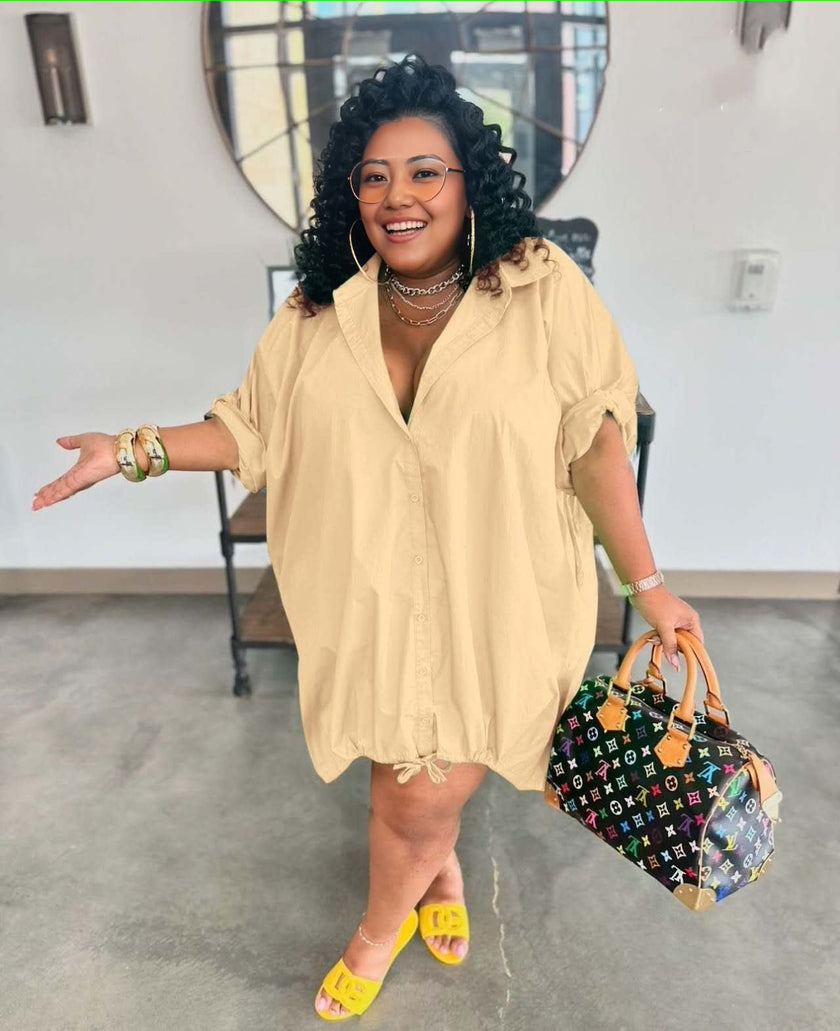 Long Loose Shirt Dress with Button Design and Drawstring Hem