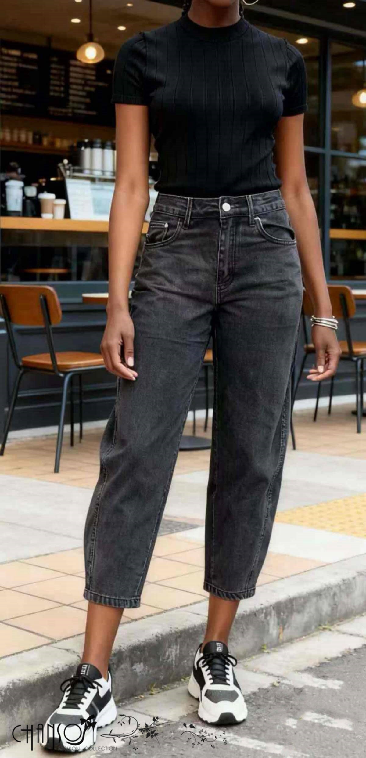 Black high-waist cropped barrel-leg jeans, button fly, belt loops