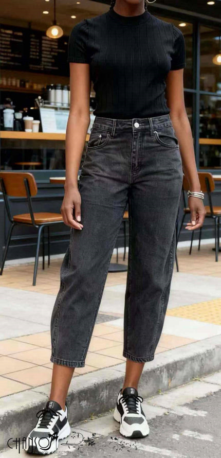 High-waist black cropped barrel-leg jeans with button fly and front pockets