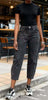 Black high-waist cropped barrel-leg jeans, button fly, belt loops
