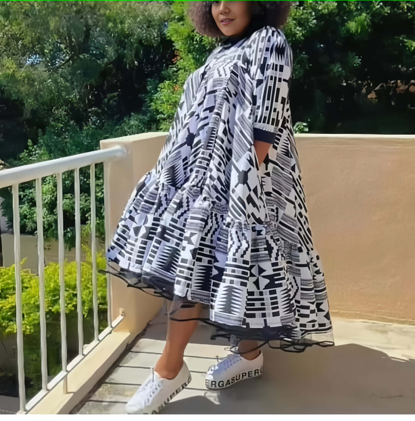 Geometric Print Mid-Length Dress with Flared Skirt