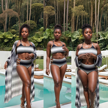3-piece swimsuit set with zigzag bikini and sheer cover-up, black-and-white